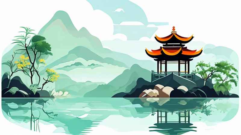中国画园林植物水亭子插画 4