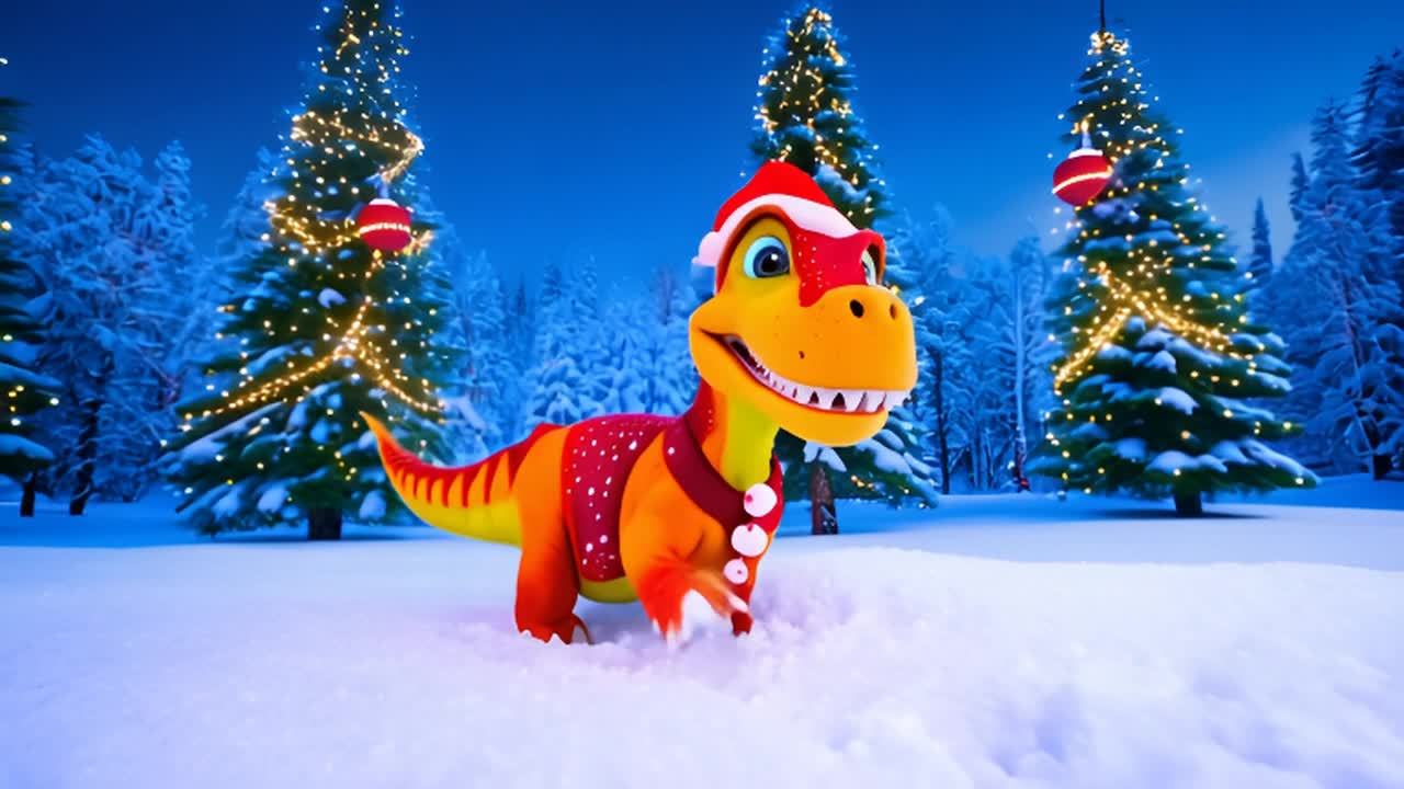 雪地里的恐龙穿着圣诞装。从低角度拍摄的画面显示这只