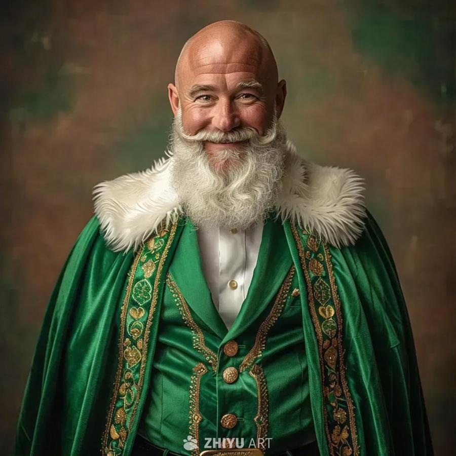 一个光头男子，穿着绿色外套，披着白色毛领的绿色披风