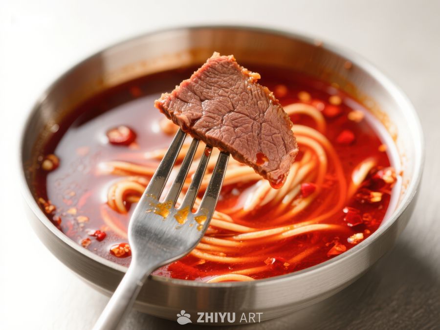 叉子夹起牛肉，红油面条热辣诱人 24