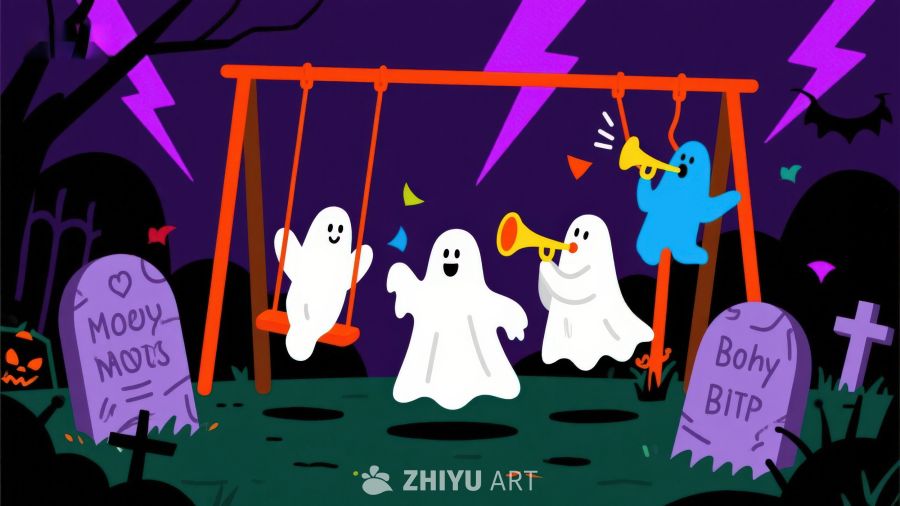 万圣节幽灵在墓地荡秋千