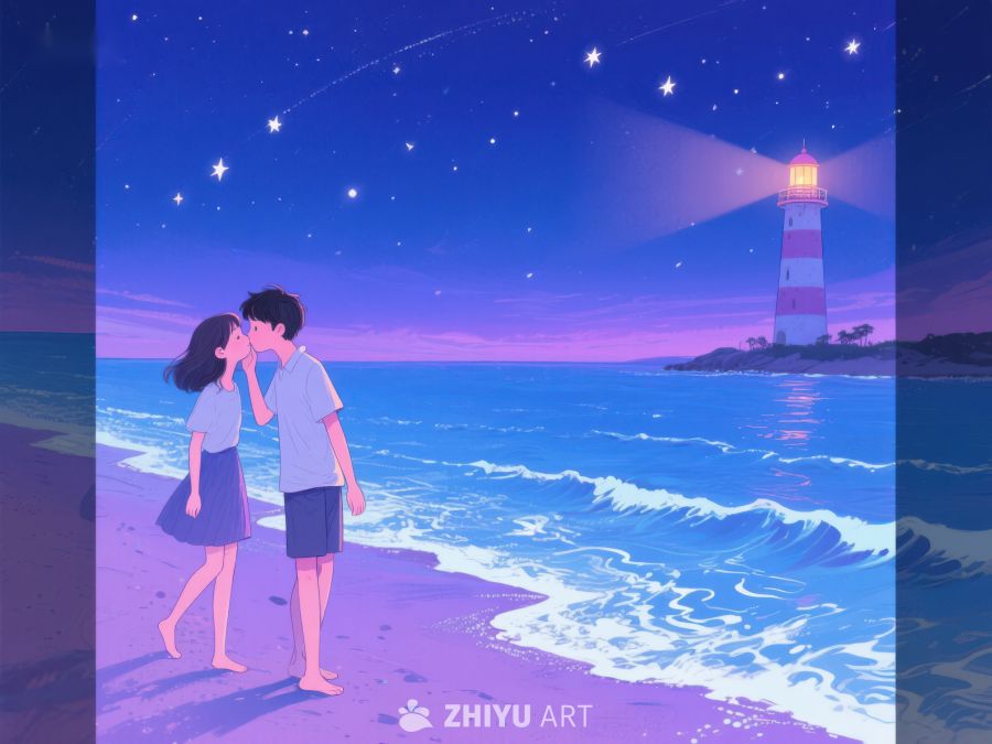 海边夜景下的情侣与灯塔 277