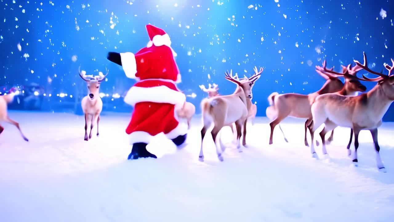 圣诞老人在雪地上与驯鹿欢快地跳舞。从低角度拍摄的画