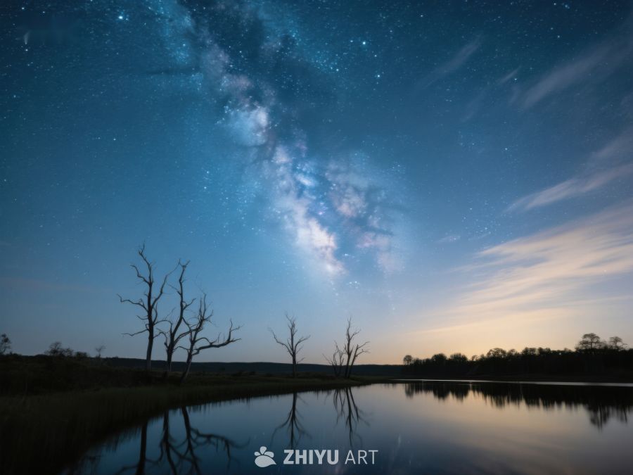 银河映照湖面，枯树剪影夜景 553