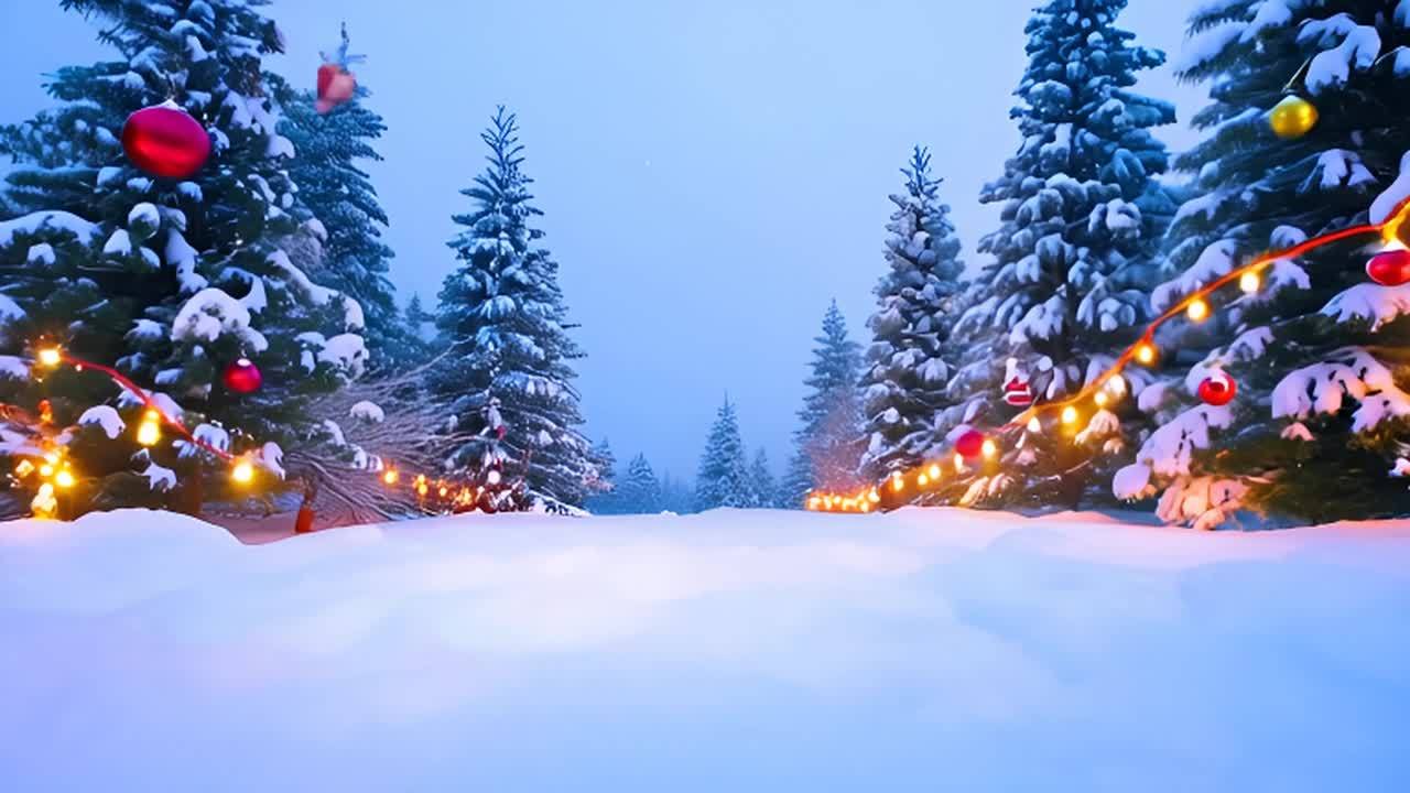 雪白的树林里，装饰着彩灯和红色球体的圣诞树排列整齐