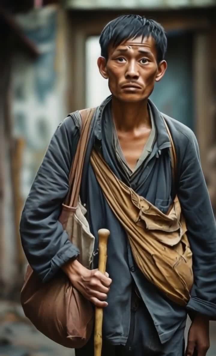 流浪者拄杖前行，眼神凝视前方略显憔悴。