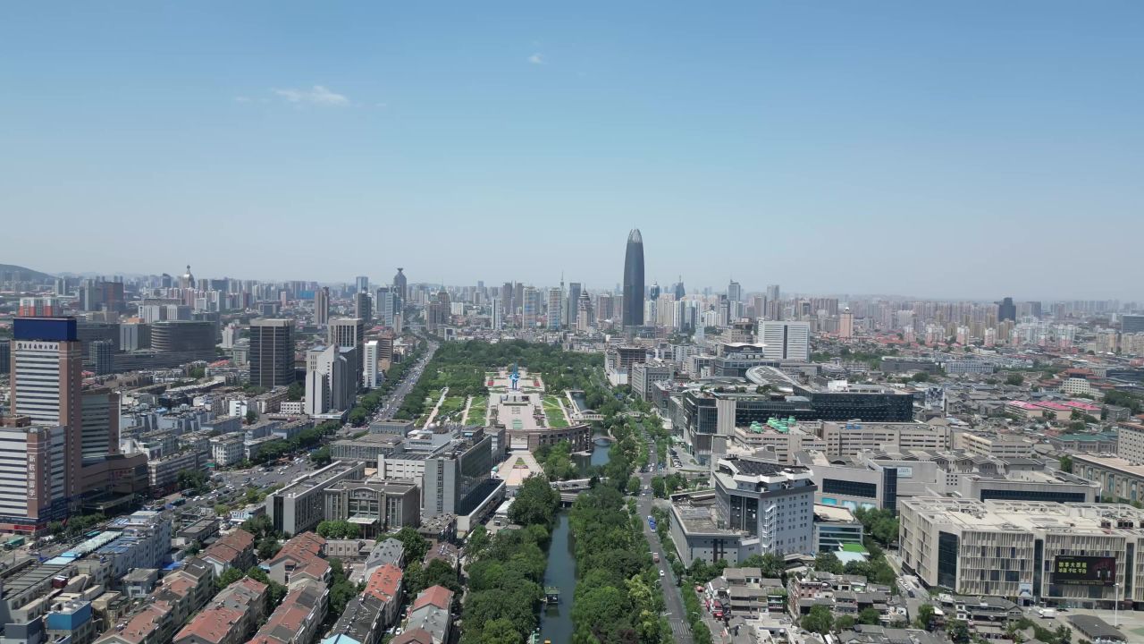航拍山东济南城市建设泉城广场