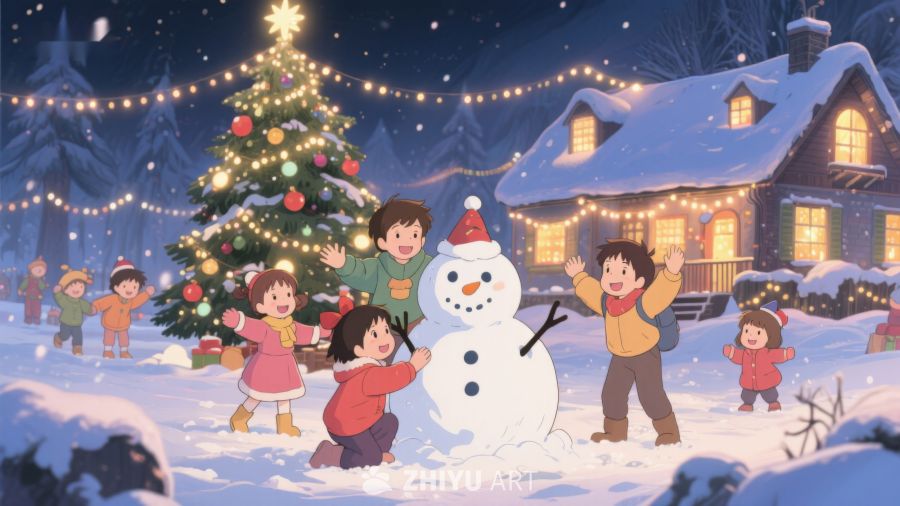 冬夜雪地，孩子们与雪人共度欢乐时光 93