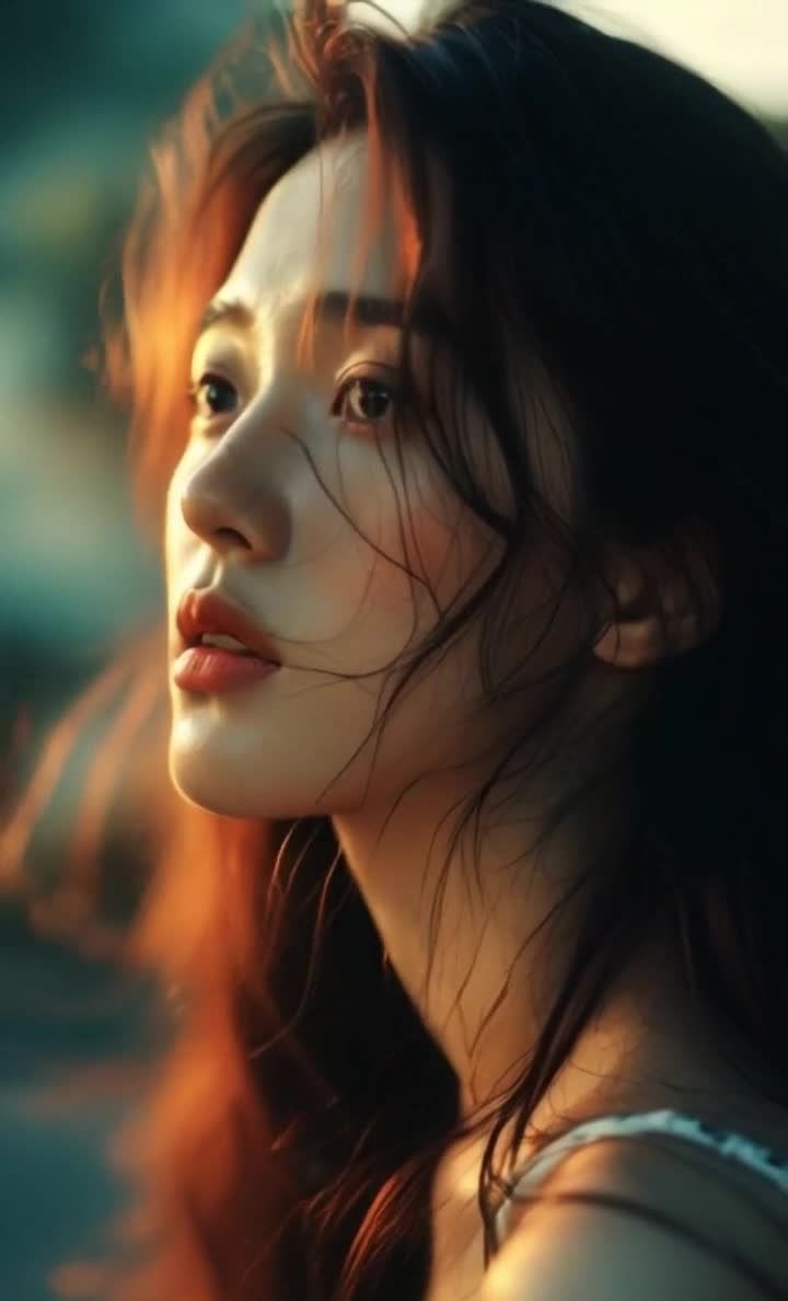 长发红唇白皙女性面部特写，橙色光晕与绿色背景