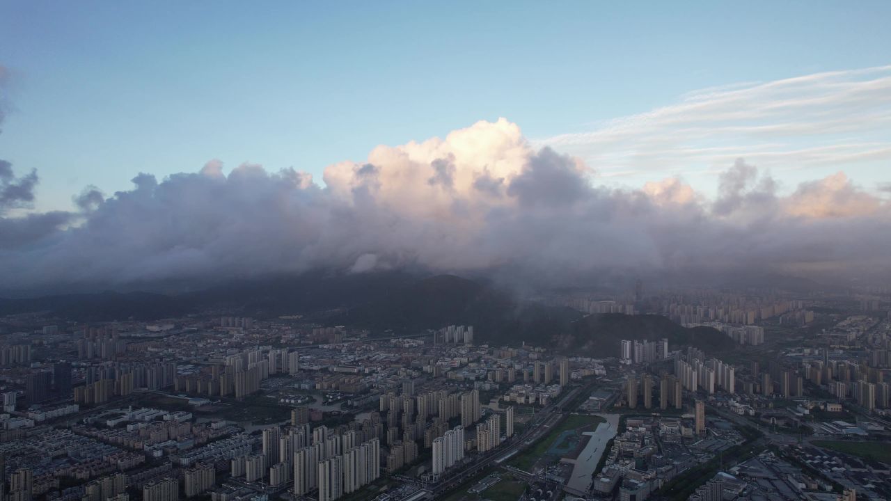 浙江温州城市清晨日出彩霞航拍