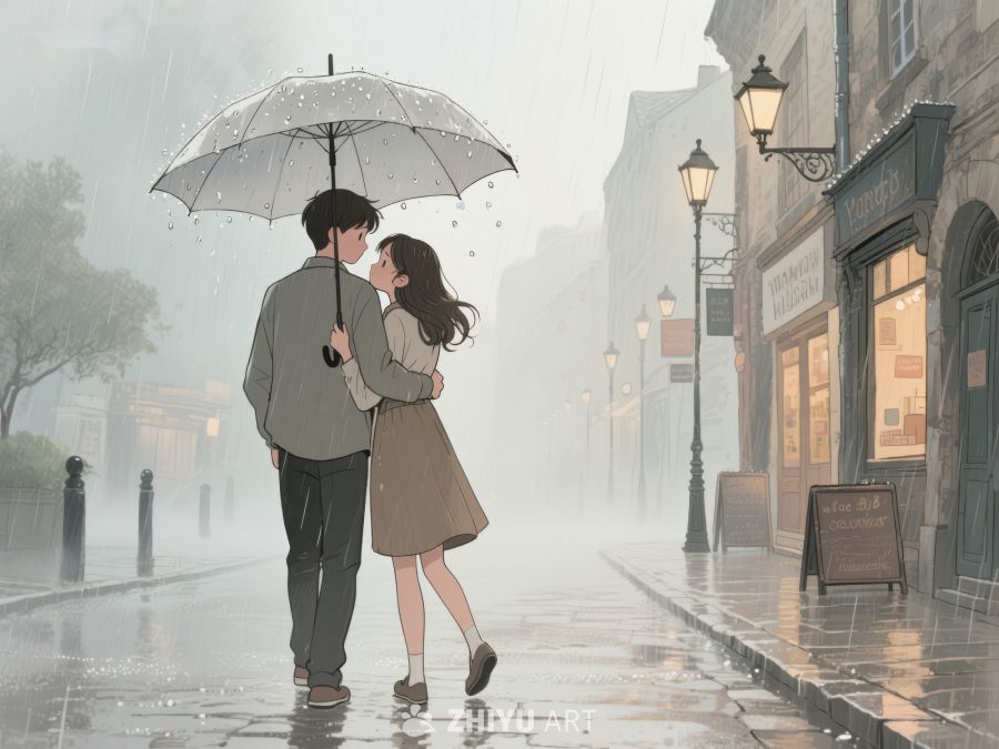 雨中情侣共撑伞漫步街头 1166