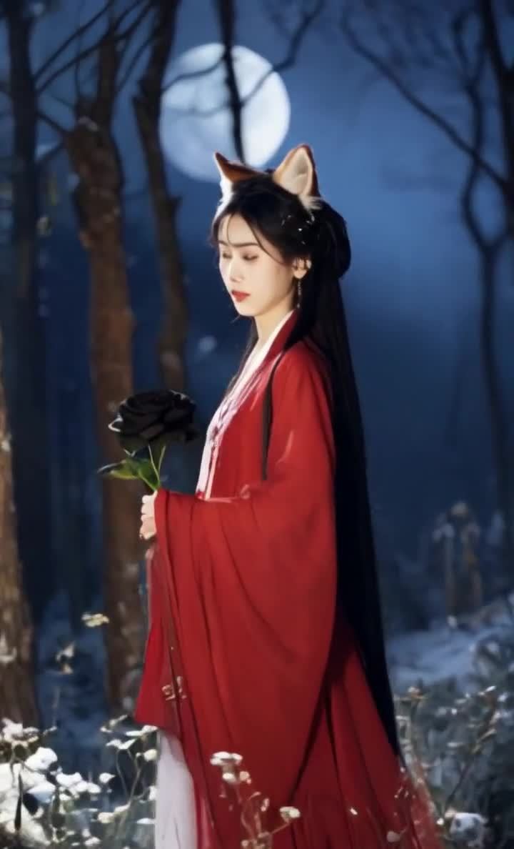 红衣狐耳女子手持黑玫瑰立于月夜森林中