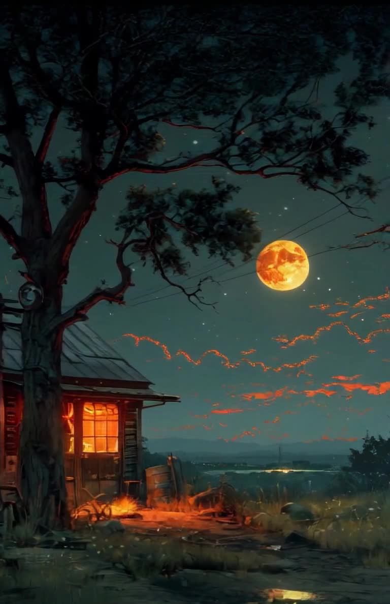 月夜下，小屋、大树和橙色月亮，风景如画。