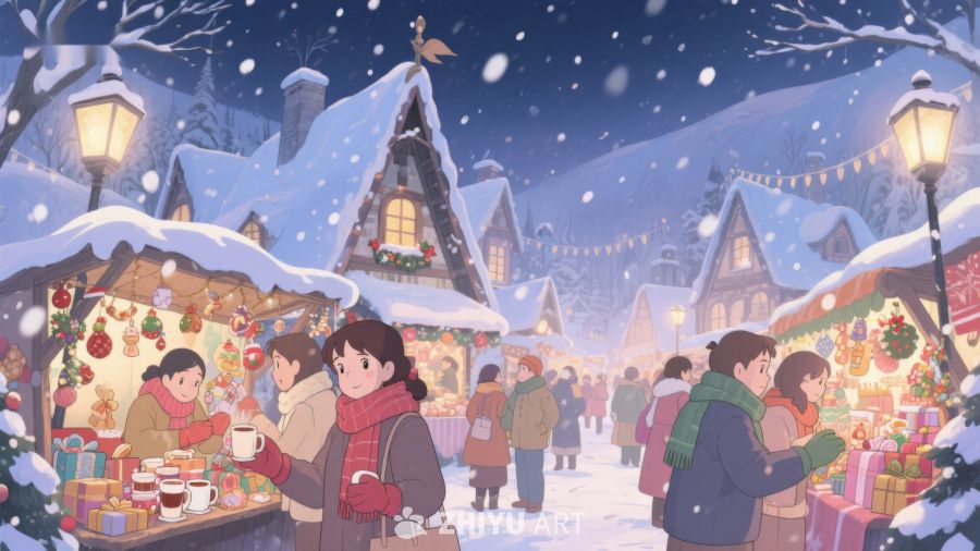 冬日雪夜的圣诞集市 29