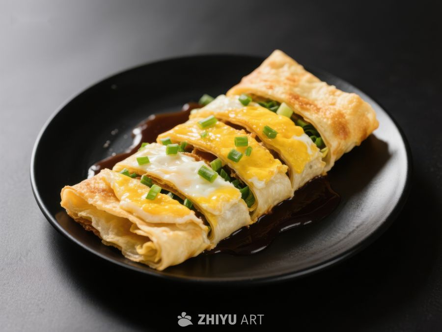 金黄煎饼卷，撒葱点缀 456