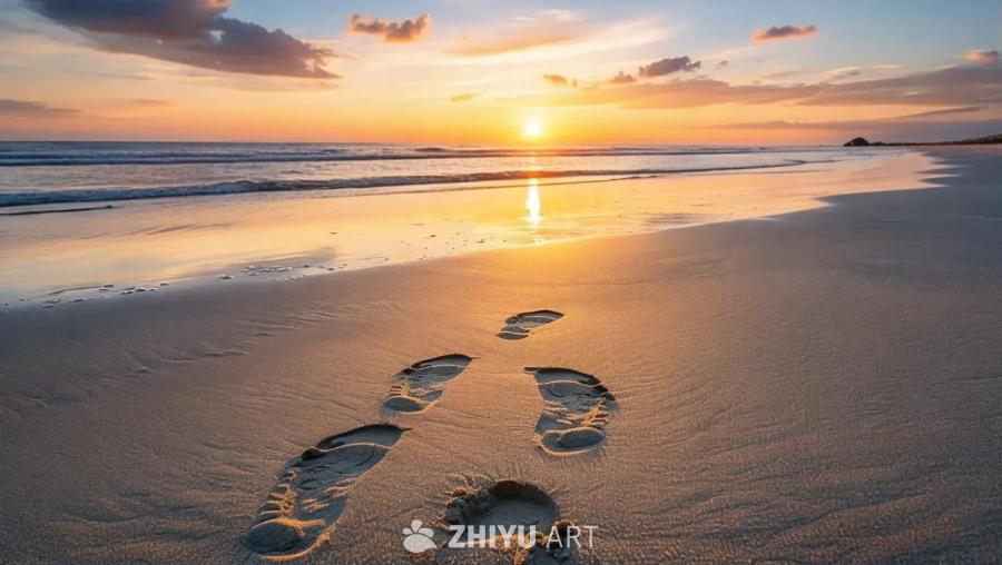 海滩上，太阳正在地平线上落下，沙滩上可见两组脚印。