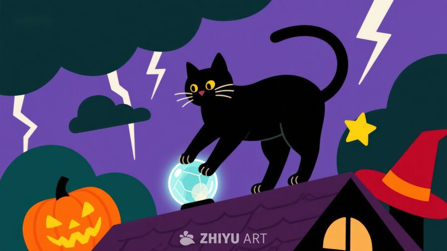 万圣夜屋顶上的黑猫