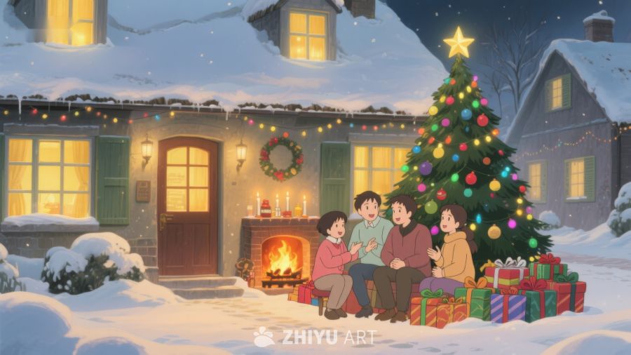 雪夜家庭圣诞树前温馨相聚 359