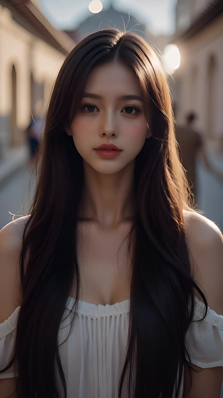 一位长发女性站在街道上，她穿着白色上衣。背景中有其