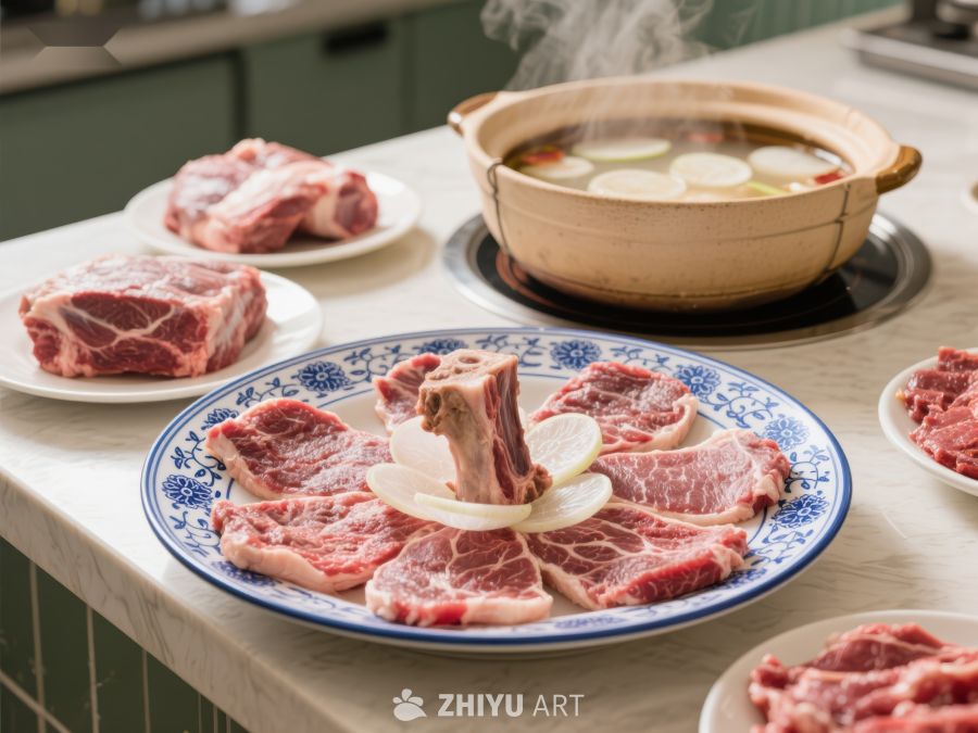 新鲜牛肉与热汤的美食场景 804
