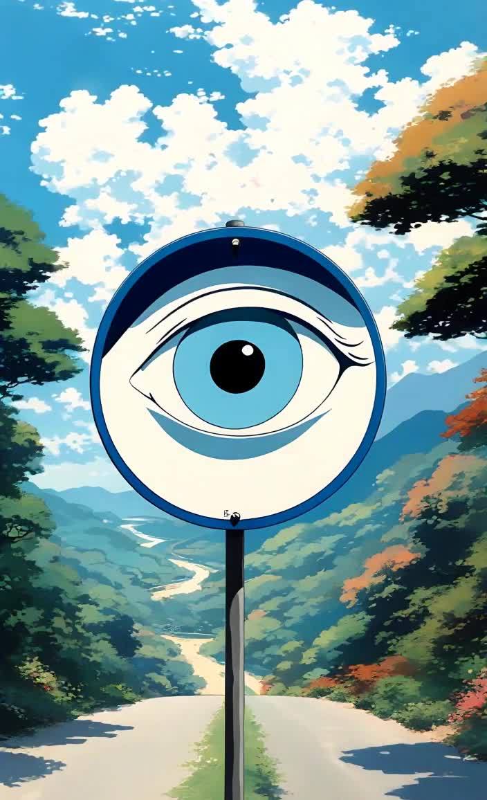 蓝眼睛标志指引山间道路方向