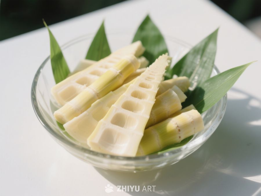 新鲜竹笋切片置于绿叶装饰的玻璃碗中 572