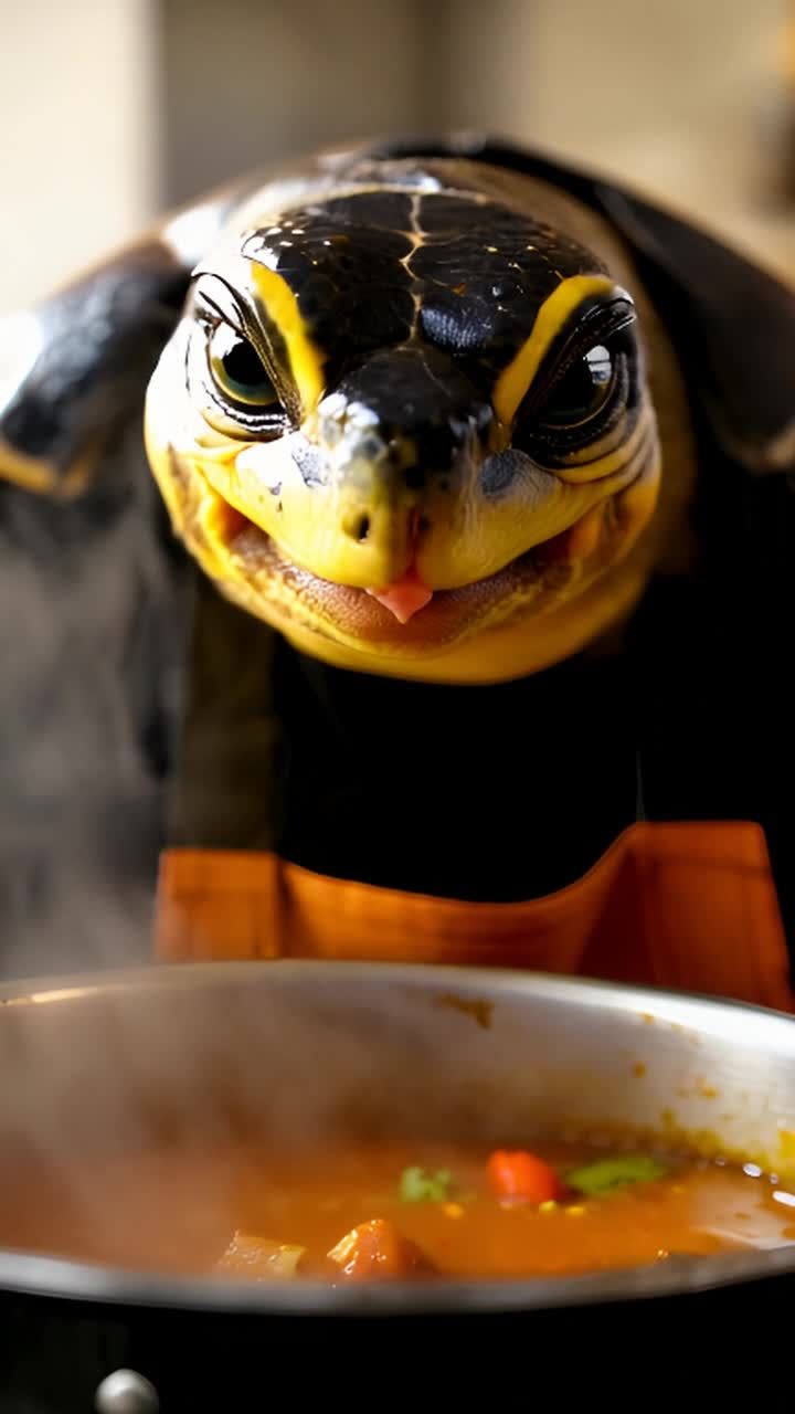 一只穿黑色和棕色围裙的乌龟，正在闻他做的食物的香气