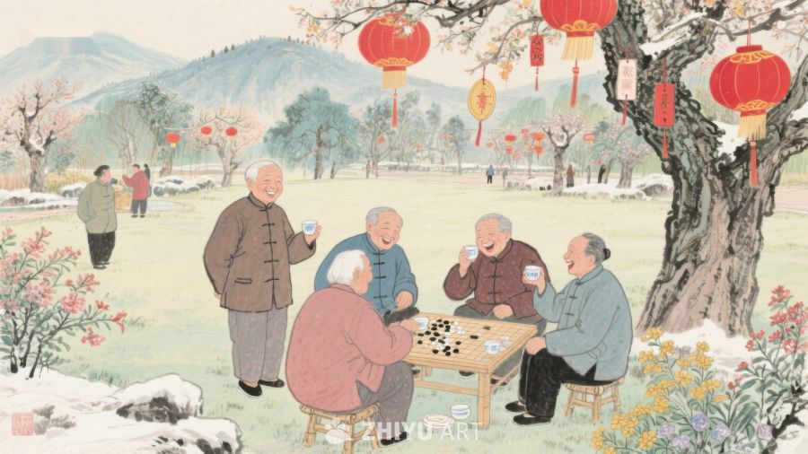 冬日庭院，老人围坐品茶下棋 160