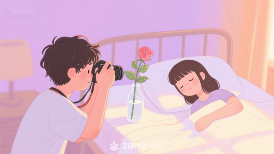 男子为熟睡女子拍照，床头玫瑰点缀温馨 240