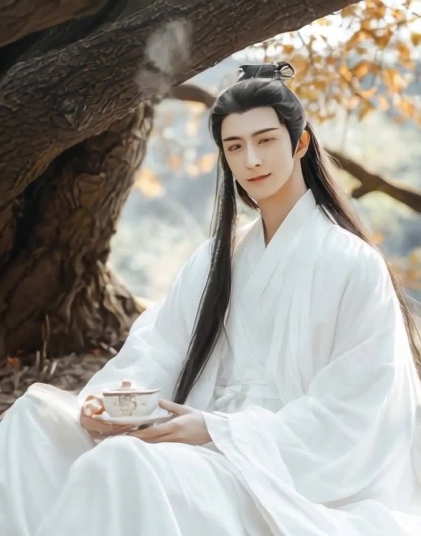 白衣长发男子树下品茗