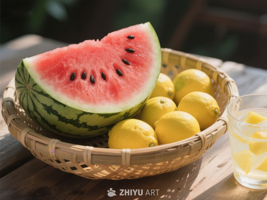 西瓜柠檬篮中摆放，清新夏日饮品 450