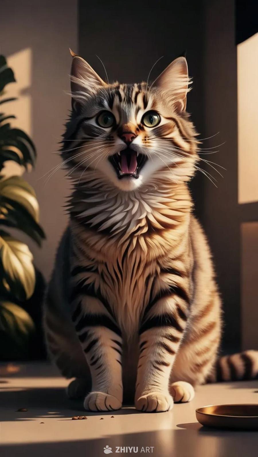 一只纹理清晰、毛发发光的小猫站在一个极简的背景前，