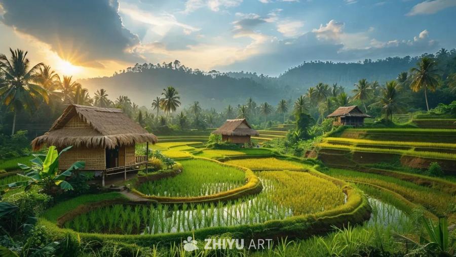 绿色稻田构成了一幅如画般的乡村景象，茅草小屋点缀其