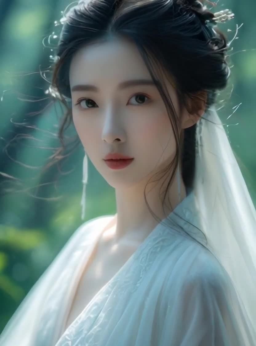 古典美人肖像：身着白衣，置身于梦幻森林。