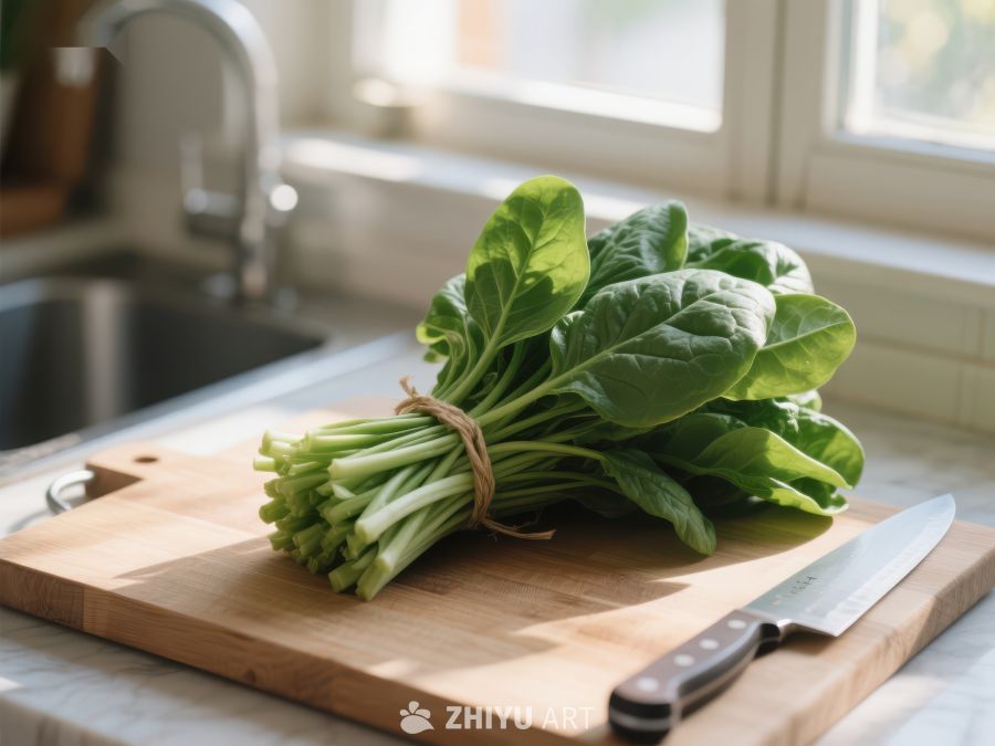 新鲜菠菜置于厨房砧板上 412