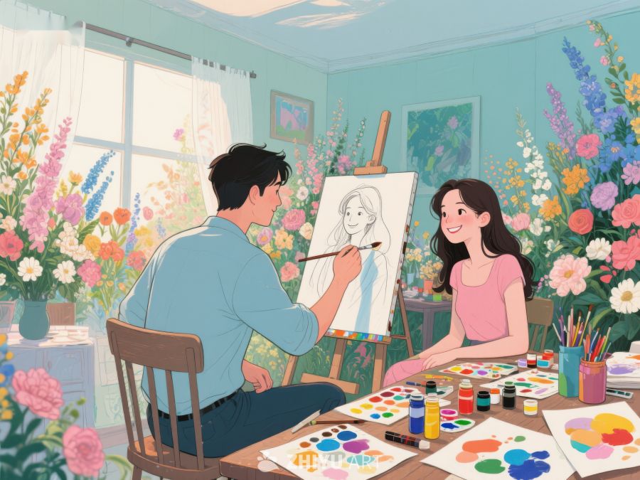 画家为女子画像，花丛环绕温馨场景 374