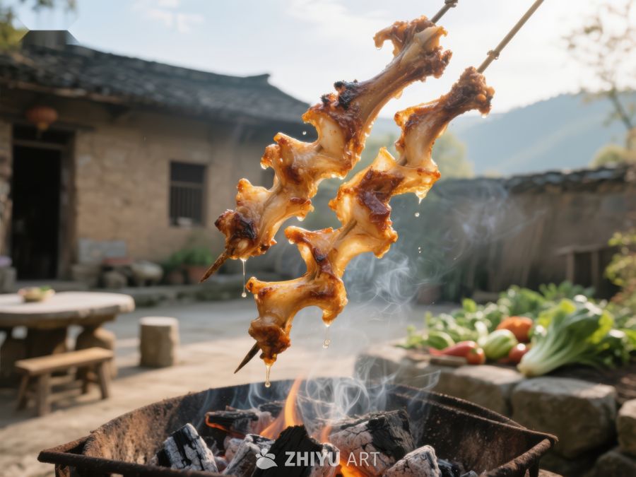 户外烧烤：美味肉串在炭火上翻烤
