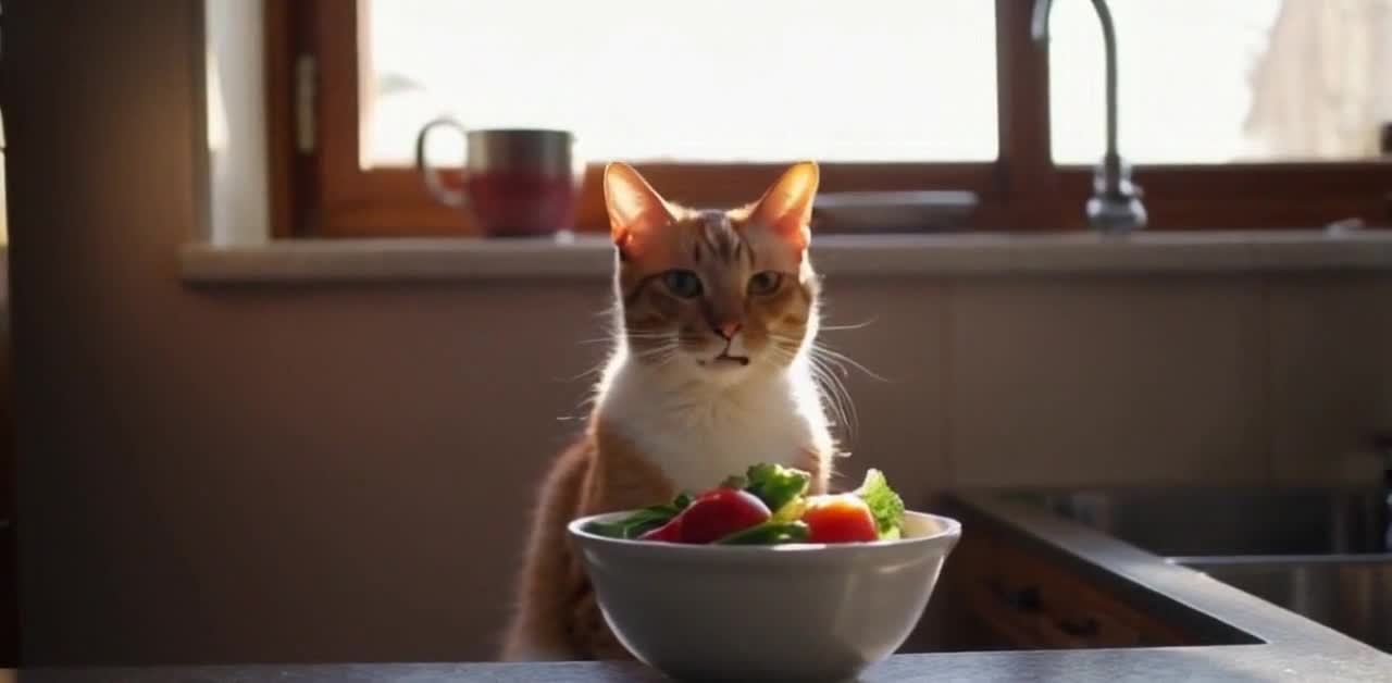 一只黄白相间的猫咪，位于厨房内。猫咪的头部微微向左