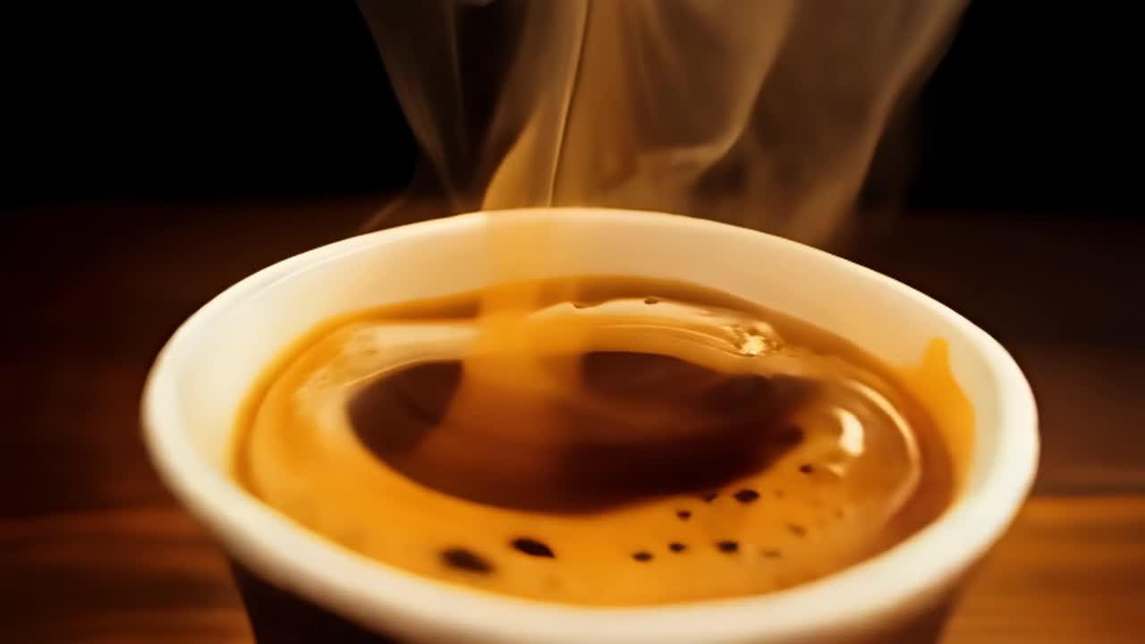 一杯放在木质桌面上的纸杯装满了浓缩咖啡。一股股飞溅的咖啡从杯子中射出，形成了一个神奇的气氛。特写镜头捕捉到了蒸汽上升和杯内浓郁的深色液体。