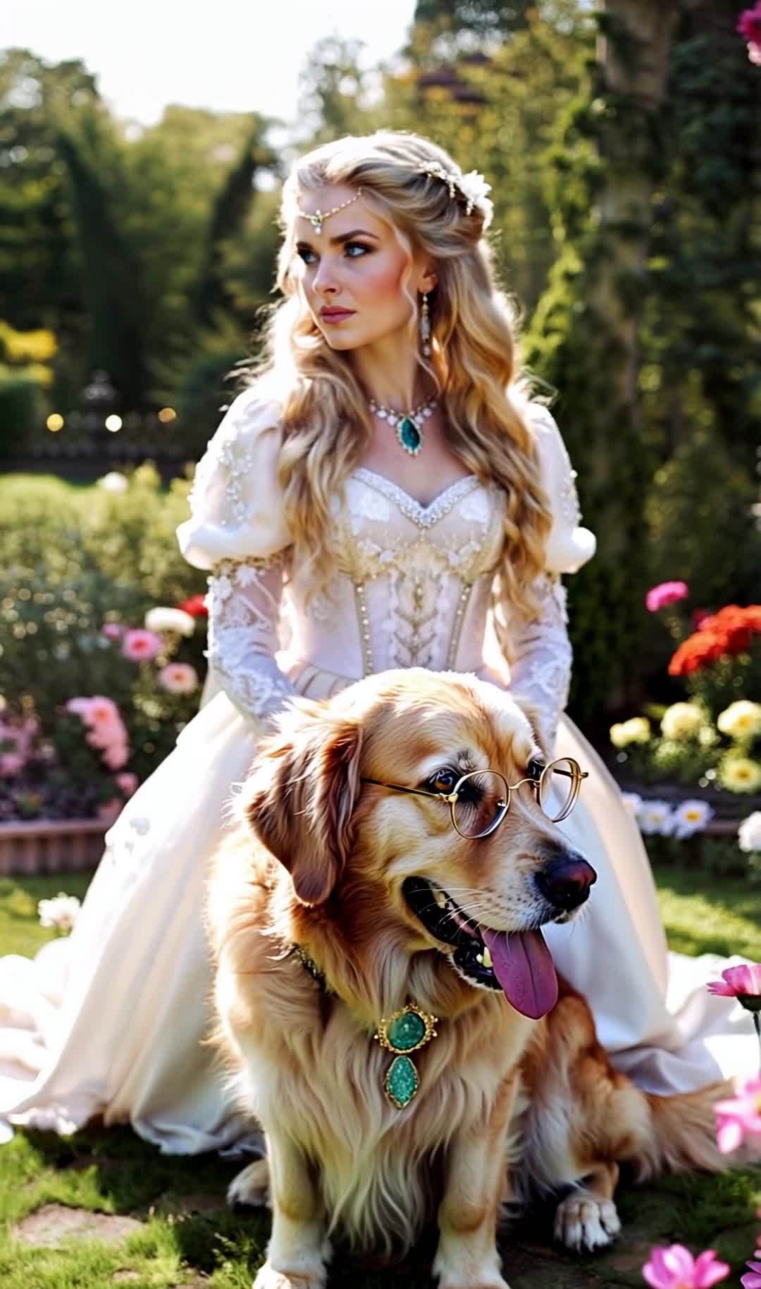 宫廷女子与戴眼镜金毛犬的花园奇遇