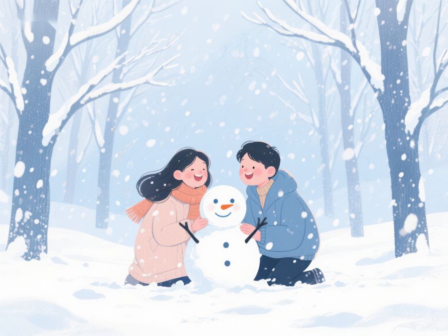 冬日雪地，两人共建雪人 133