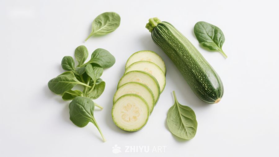 新鲜西葫芦与绿叶蔬菜