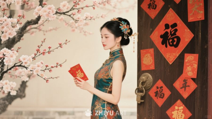 女子身着旗袍手持红包，门前挂满福字 712
