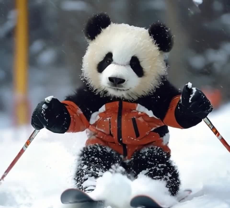 雪地红衣熊猫滑雪激起浪花