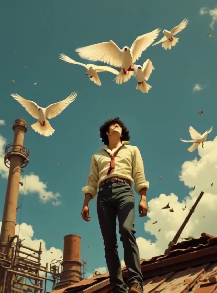 屋顶上的男人与鸽子，天空和云彩交织。