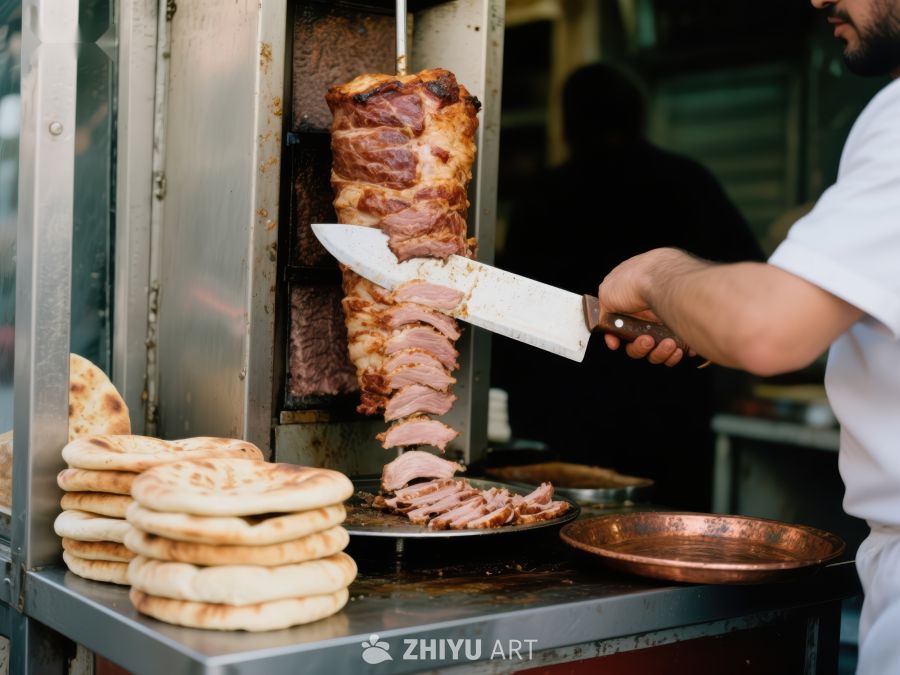 街头美食：烤肉师傅切制旋转烤肉 250