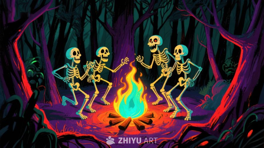 森林篝火旁的骷髅舞会