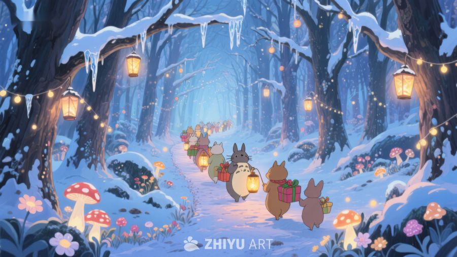 雪夜森林中的温馨游行 387