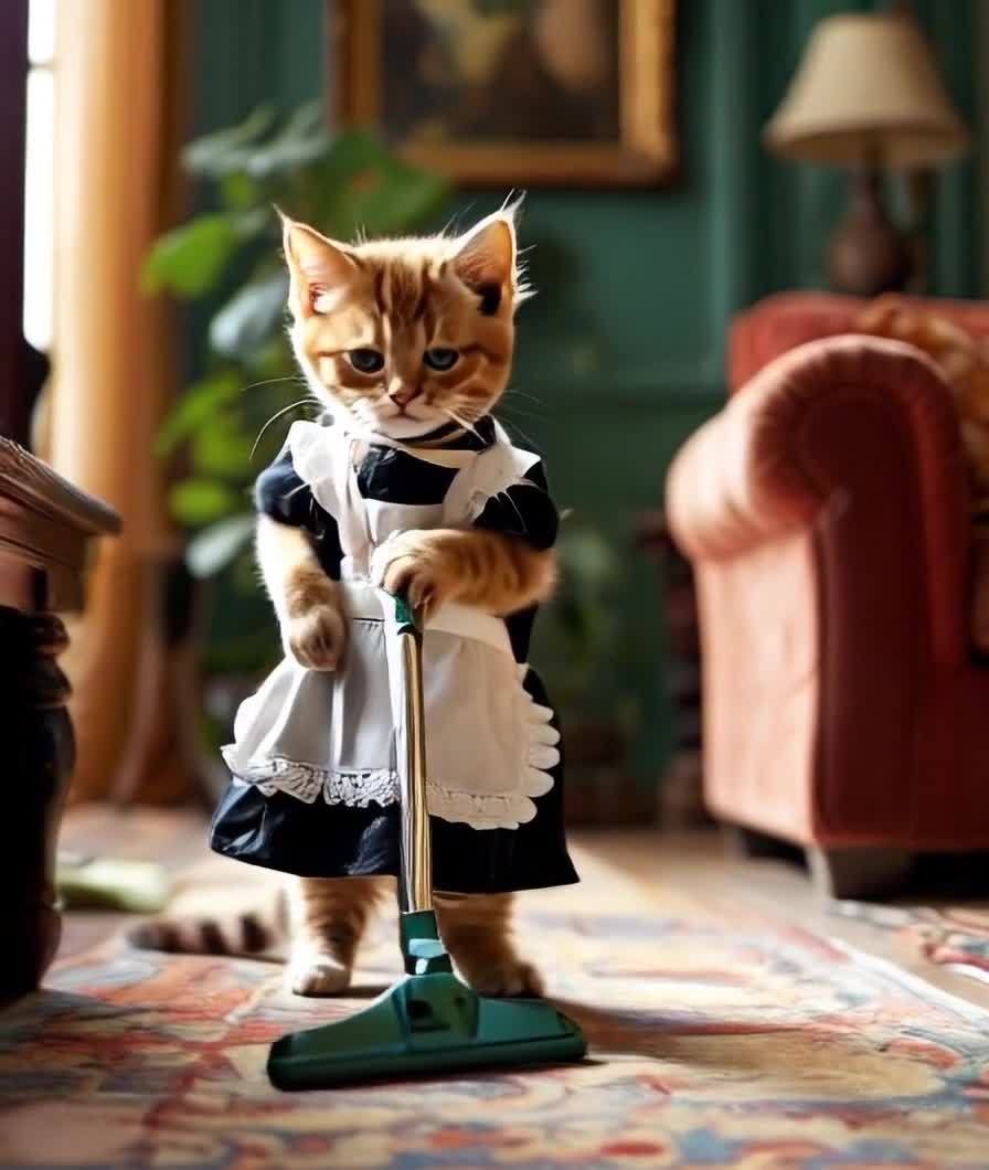 一只穿戴女仆装的小猫正手持吸尘器在地面上清洁。画面