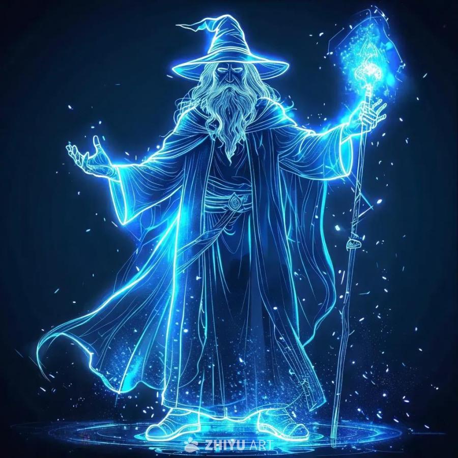一个全身巫师的轮廓元素图形设计，背景是透明的。巫师